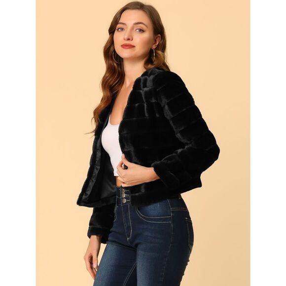Winter Warm Cropped Jacket Collarless Faux Fur Fluffy Coat Black - Picture 5 of 6